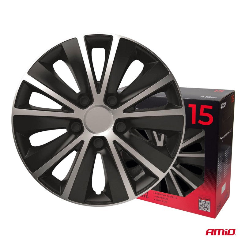 Capace roți auto, set 4 piese, Rapide, negru argintiu, 15" inch, COLOR BOX