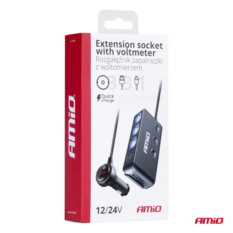 Incarcator auto bricheta cu voltmetru AMIO-03781