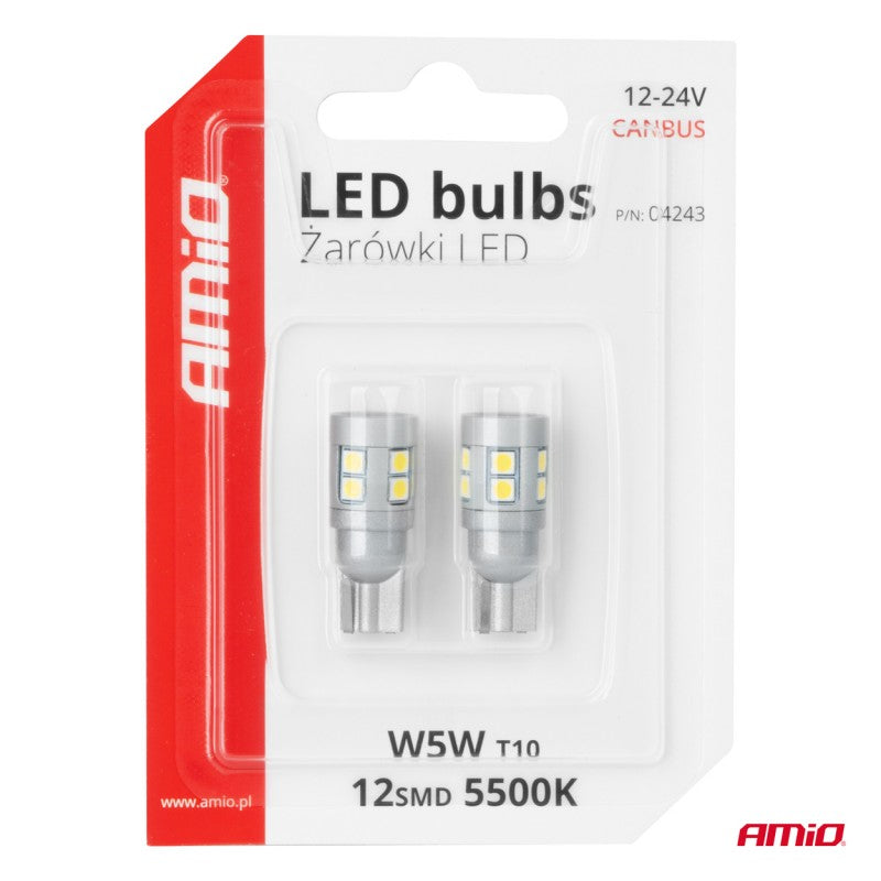 Set 2 becuri cu led , CANBUS T10 W5W 12 SMD 3030 Alb 12V 24V AMIO-04243