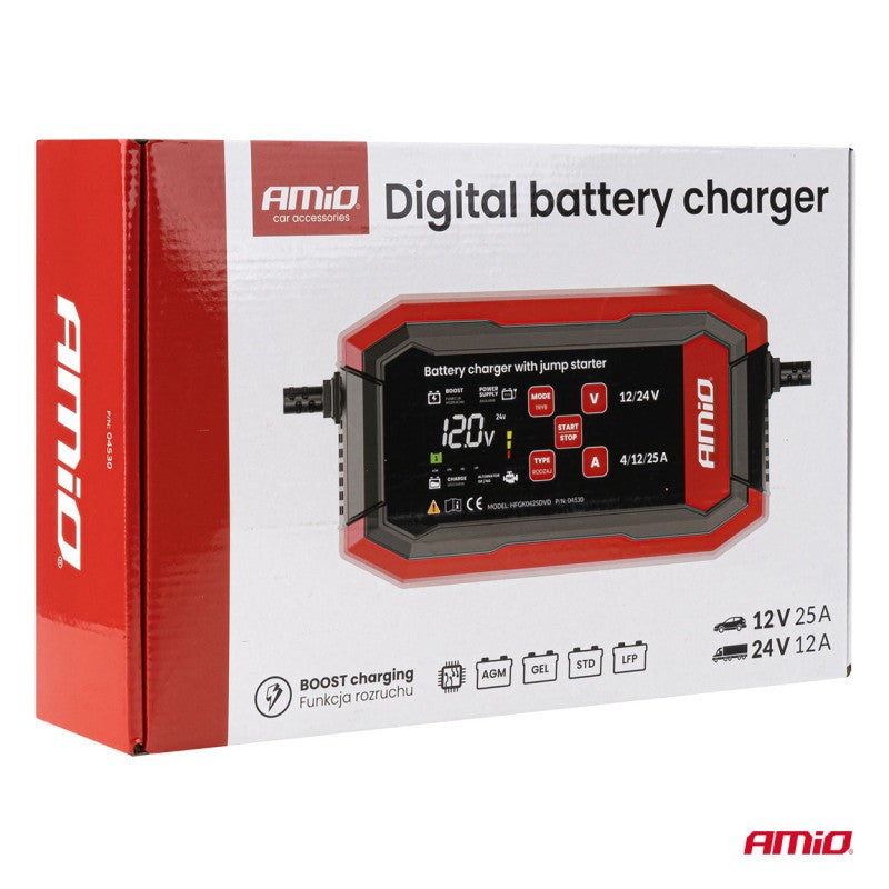 Încărcător digital de baterii BOOST AGM GEL STD LiFePo4 MAX 25A 12/24V PRO AMIO-04530