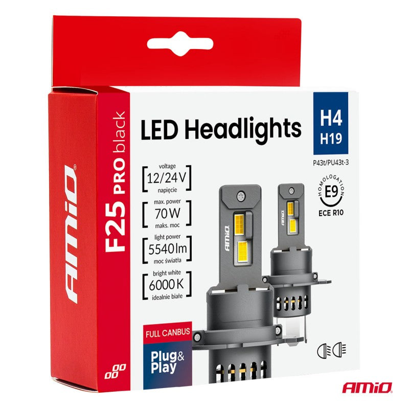 Set becuriLED Seria F25 PRO NEGRE FULL CANBUS H4 H19 70W 12V 24V AMIO-04719