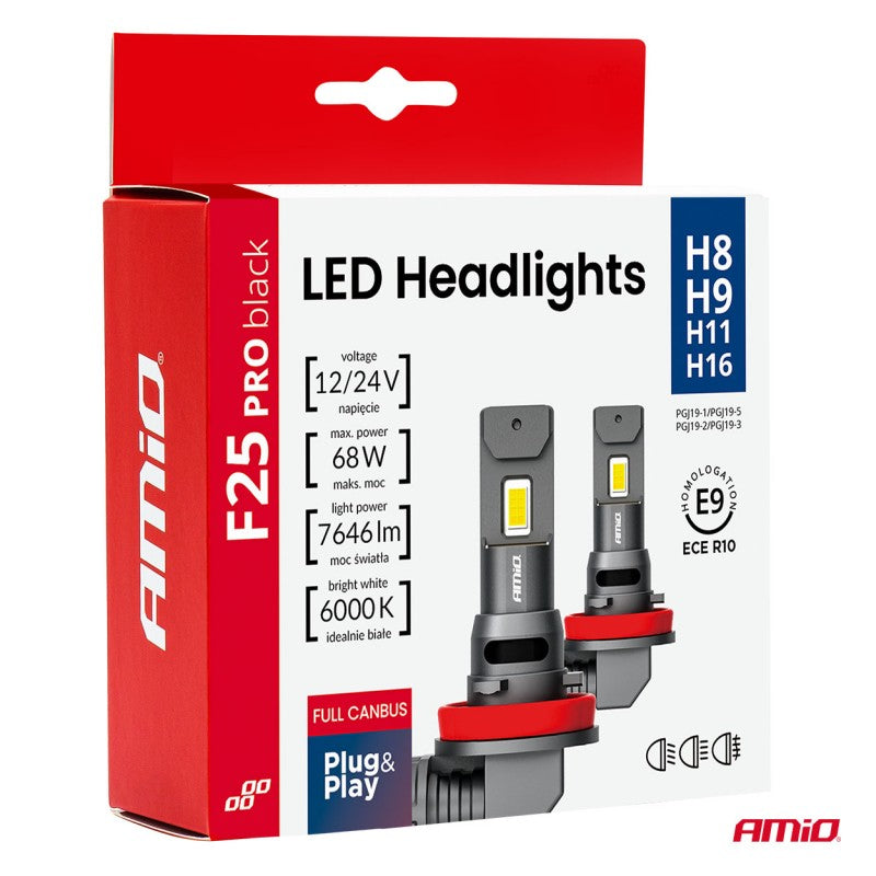 Set becuri LED Seria F25 PRO NEGRE COMPLET CANBUS H8 H9 H11 H16 68W 12V 24V AMIO-04721