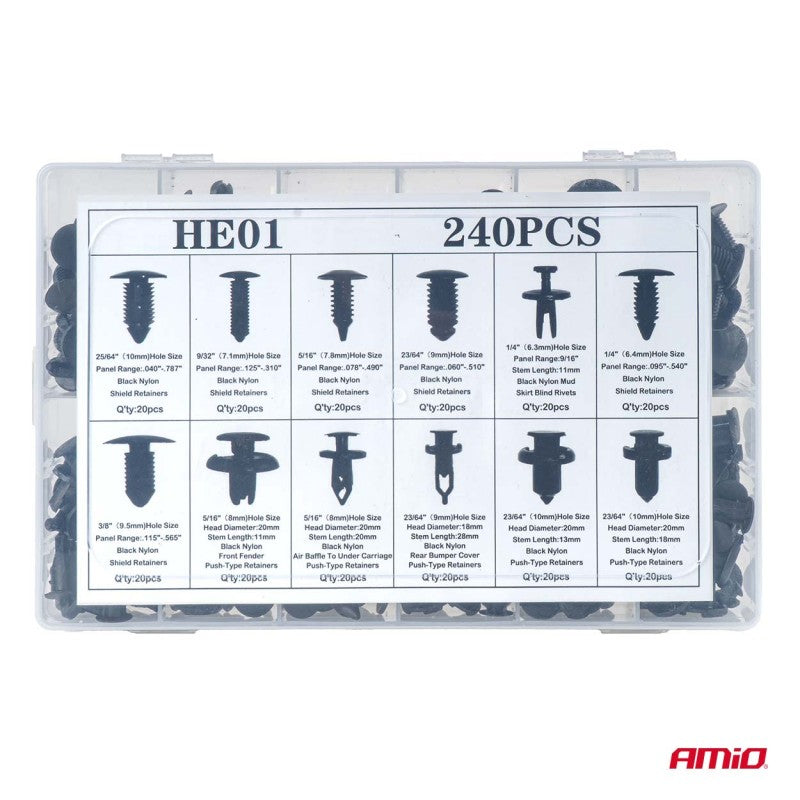 Set de cleme și știfturi auto medii 240 buc AMIO-04737