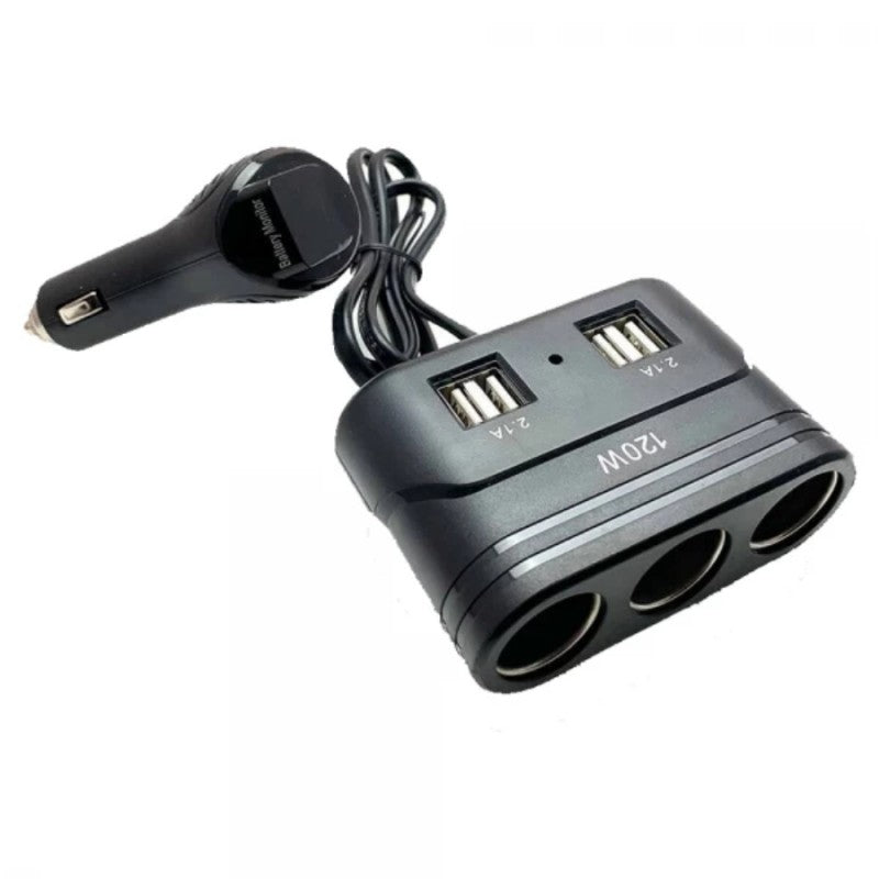 Încărcător Auto Olesson cu 3 Prize și 4 Porturi USB si voltmetru