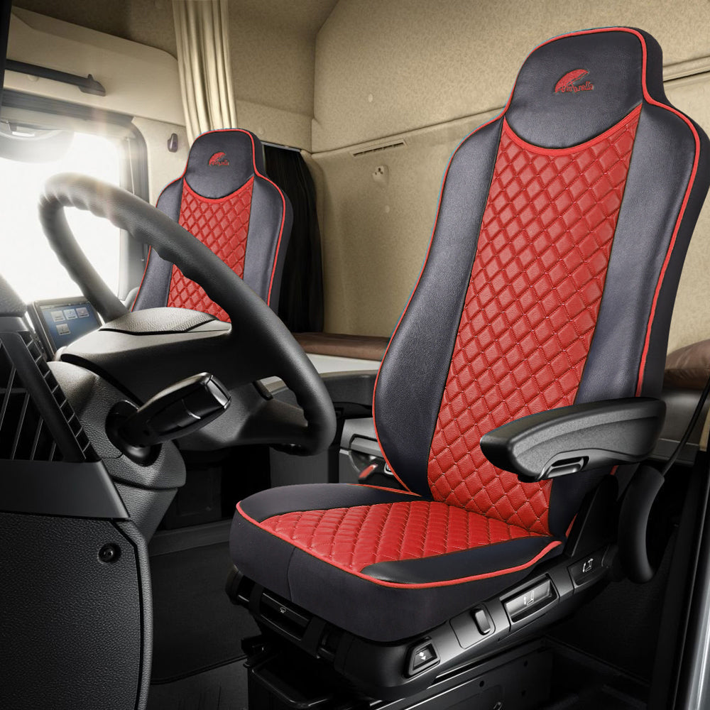 SET HUSE SCAUN TRUCK UMBRELLA PENTRU MERCEDES ACTROS EURO 5 1844 MP2 MP3 MP4 PIELE ECOLOGICA NEAGRA + ROSU