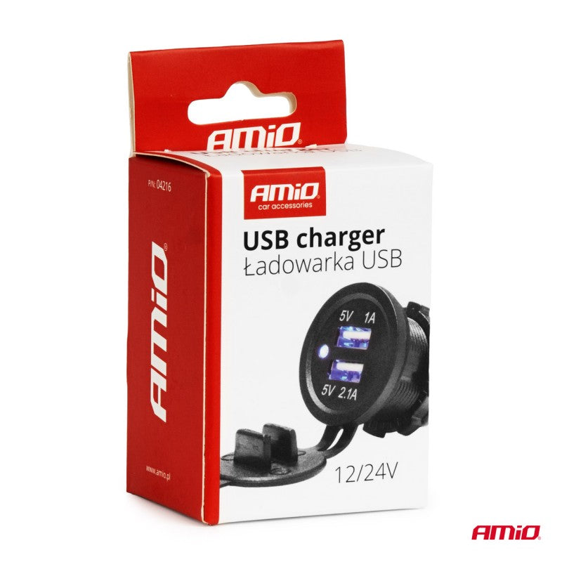 Încărcător auto cu mufe USB impermeabile 3.1A 2xUSB 12V 24V AMIO-04216