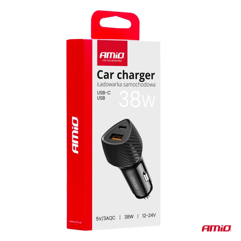 Încărcător auto QC+PD 38W USB-A + USB-C AMIO-04283