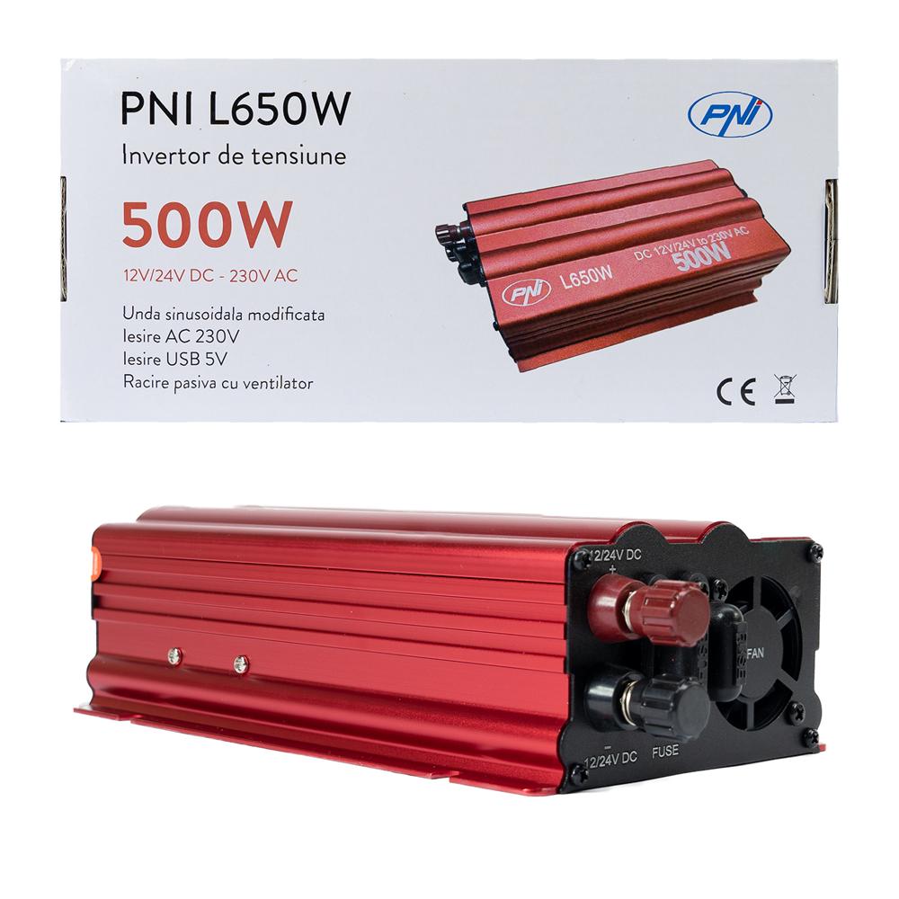 INVERTOR DE TENSIUNE PNI L650W, ALIMENTARE DUALA 12V/24V, IESIRE 230V, 500W, SINUS MODIFICAT, MUFA USB 5V 500mAh, CU CLESTI ALIMENTARE SI MUFA DE BRICHETA INCLUSA