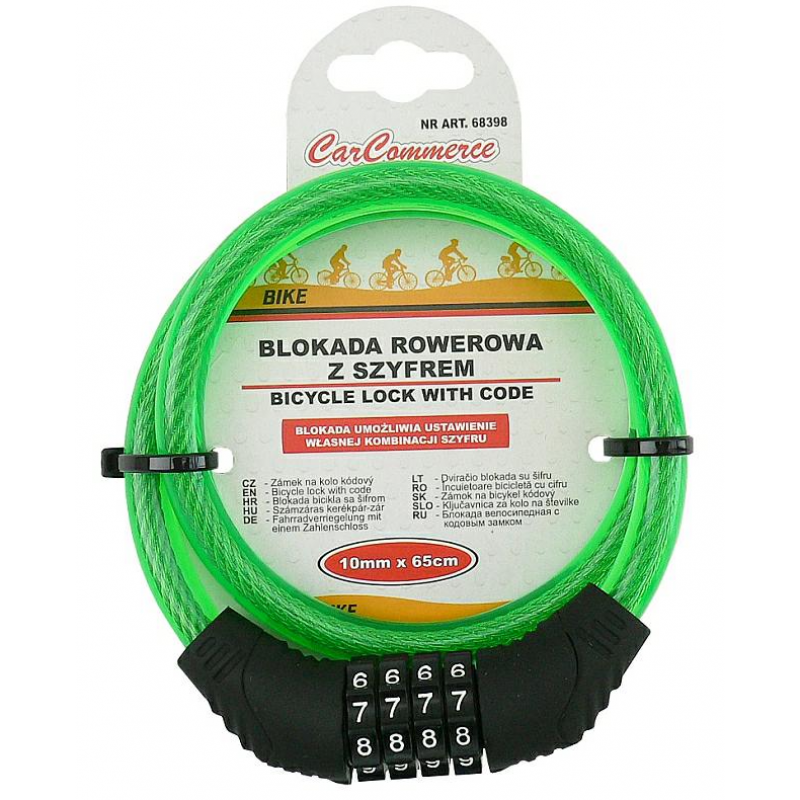 Cablu de blocare pentru bicicleta, verde, cu cod