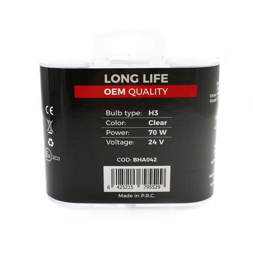 Set de 2 becuri Halogen 24V - H3, 70W, +50% Intensitate - LONG LIFE - CARGUARD