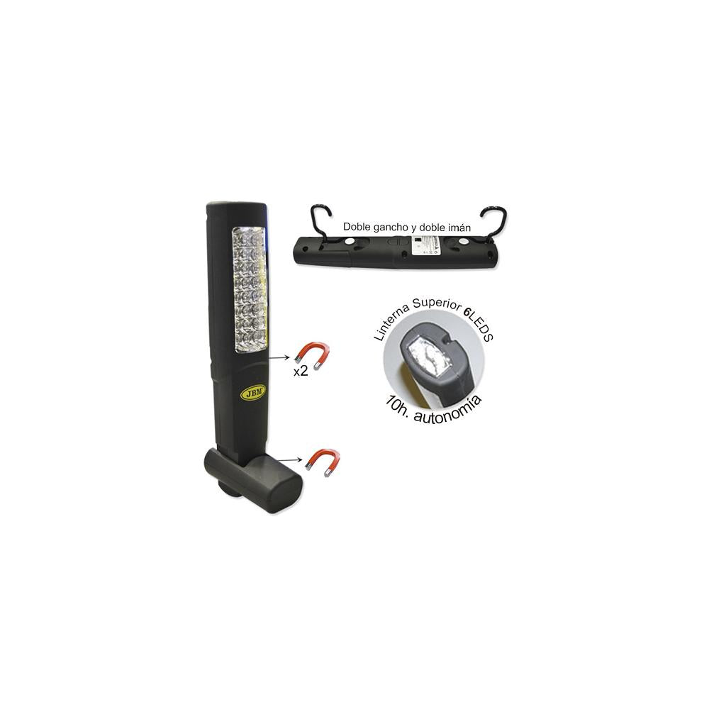 LAMPA DE LUCRU PORTABILA 24+6 LEDURI DUBLU MAGNETICA. SUPORT SI BAZA METALICA JBM