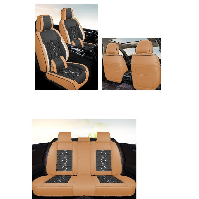Huse auto premium 5 locuri Carguard Deluxe piele ecologică perforată și textil - maro caramel