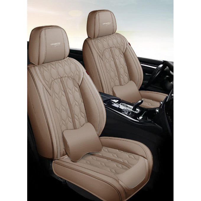 Huse auto premium 5 locuri Carguard Deluxe piele ecologică perforată - maro deschis - crem