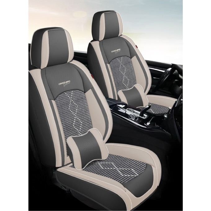 Huse auto premium 5 locuri Carguard Deluxe piele ecologică perforată și textil - gri deschis - gri închis