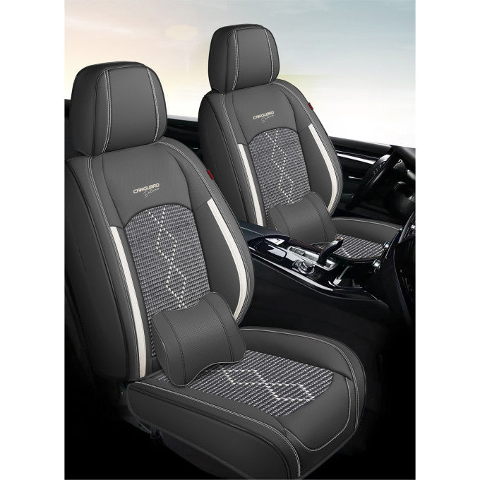 Huse auto premium 5 locuri Carguard Deluxe piele ecologică perforată și textil - negru - alb
