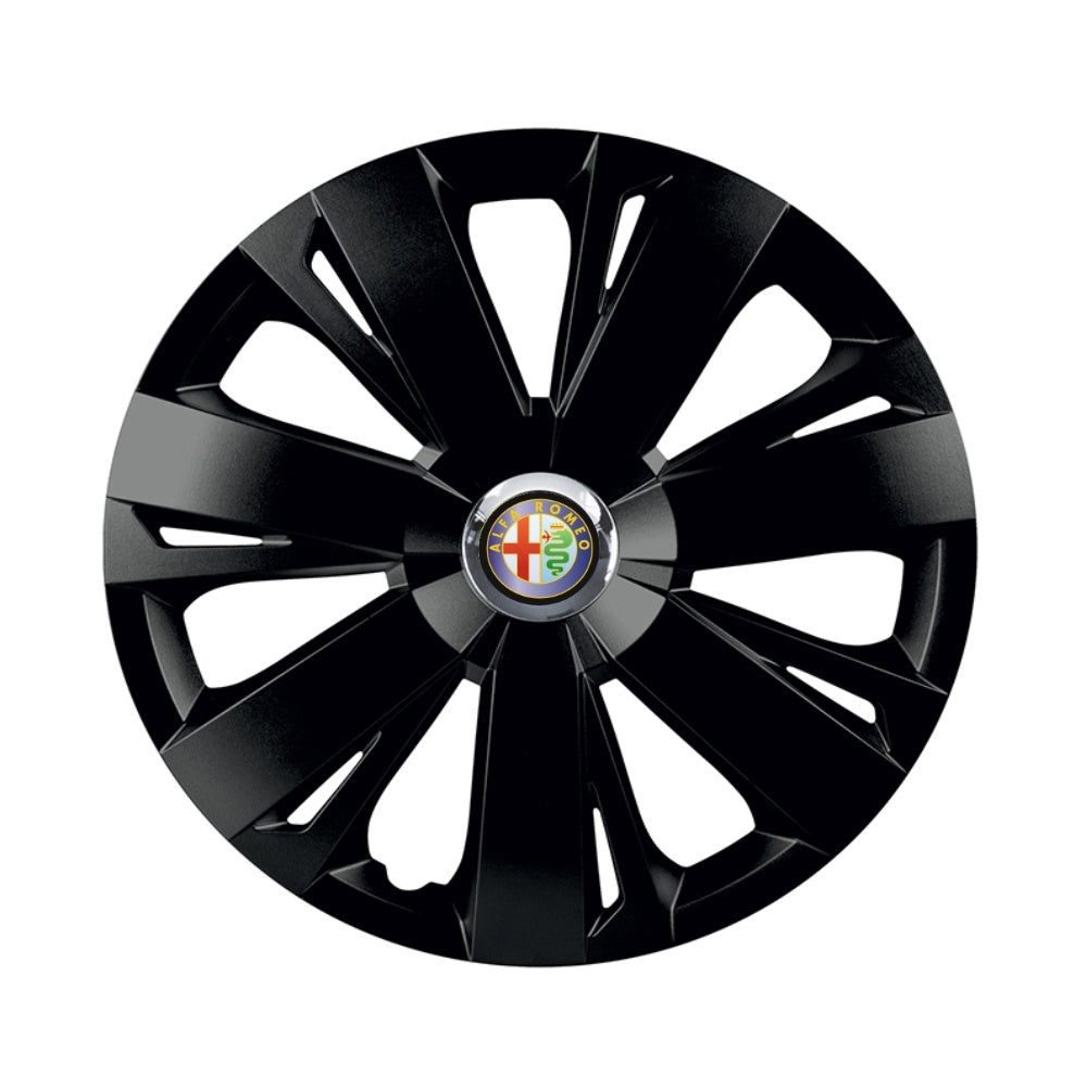 Комплект 4 черни тасове с хромиран ринг Energy R15, съвместими с Alfa Romeo