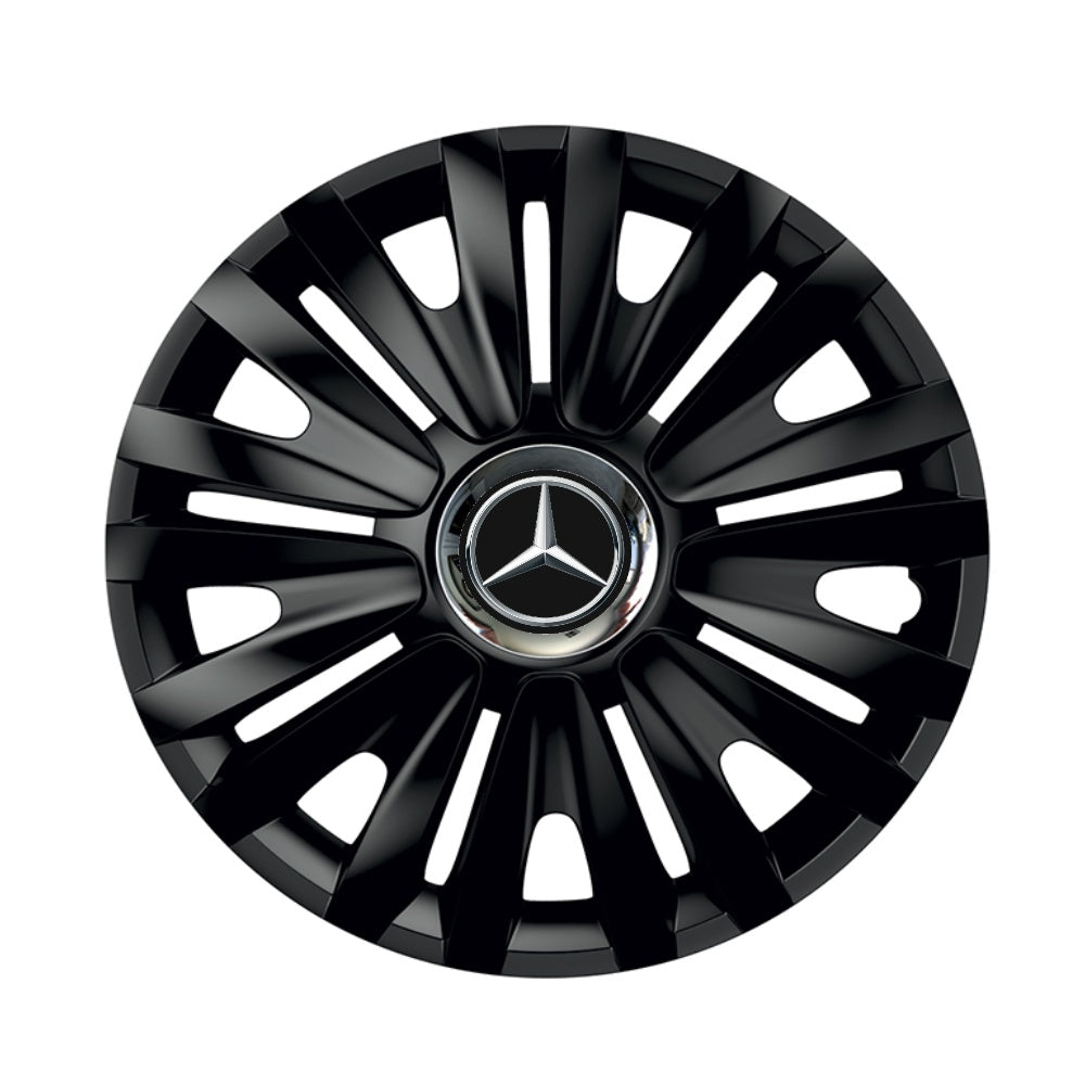 4 db-os fekete dísztárcsa króm gyűrűvel, Royal R14, Mercedes-Benz kompatibilis