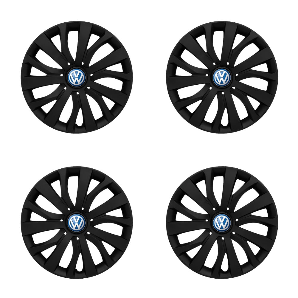 Set 4 capace roti potrivite jantelor de 15 inch compatibile Volkswagen, Model - 345 Black Edition, Sigla Albastra