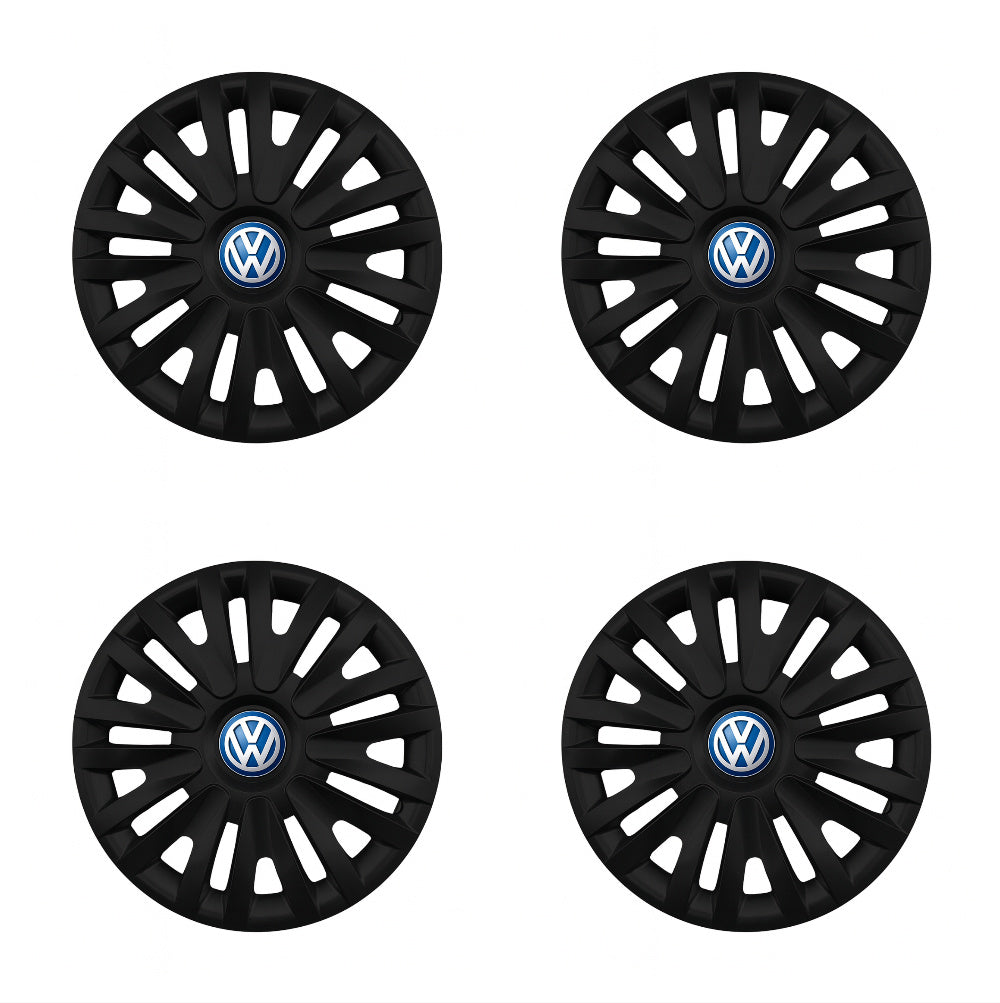Set 4 capace roti potrivite jantelor de 14 inch compatibile Volkswagen, Model - 217 Black, Sigla Albastra