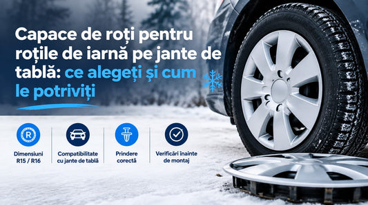 Capac argintiu pe roata unei mașini parcate într-un peisaj de iarnă