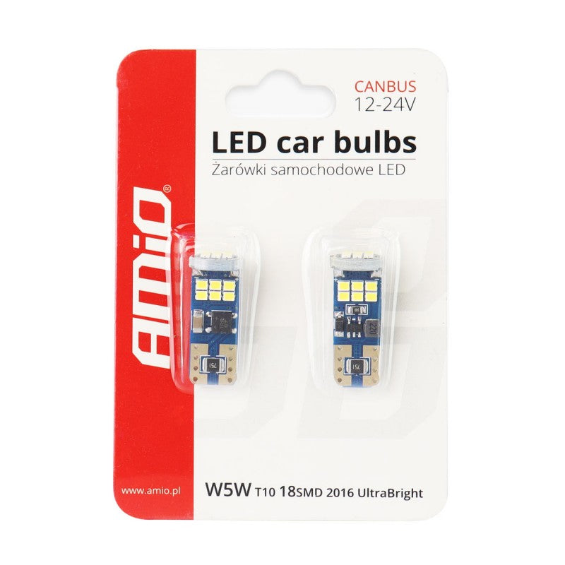 Set 2Becuri LED T10  CANBUS 18SMD UltraBright 2016 T10e W5W Alb 12V 24V AMIO-01292