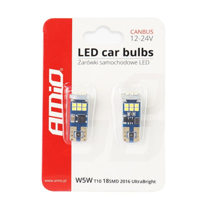 Set 2Becuri LED T10  CANBUS 18SMD UltraBright 2016 T10e W5W Alb 12V 24V AMIO-01292