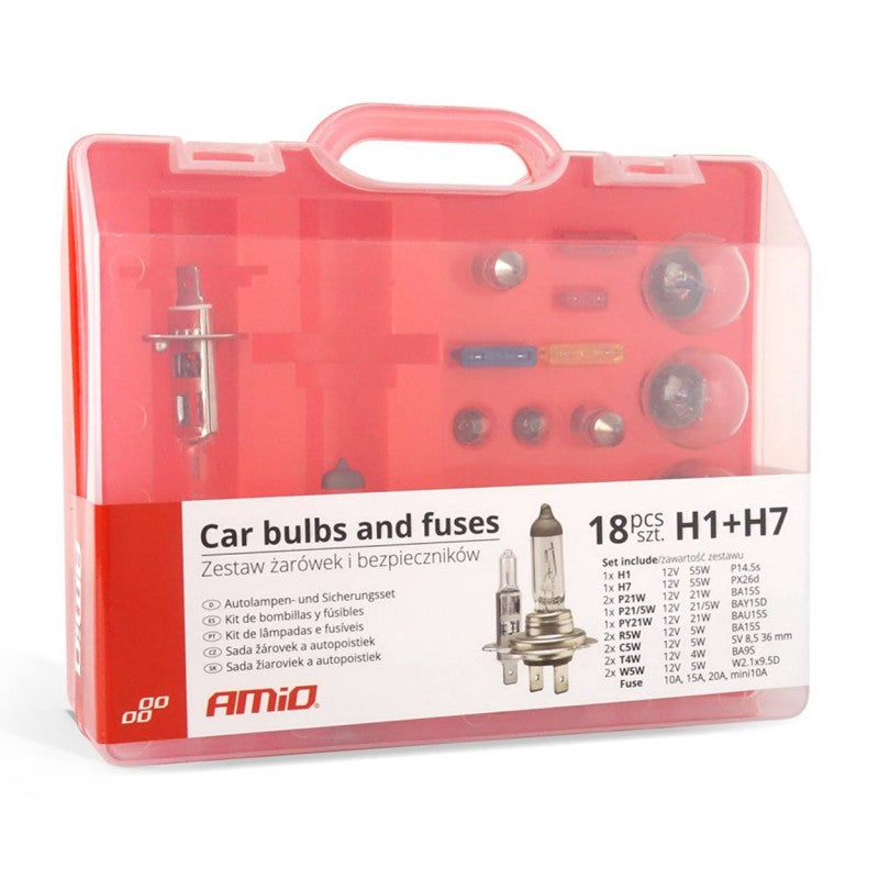 Set becuri si sigurante, tava 18 buc H1+H7 AMIO-01498