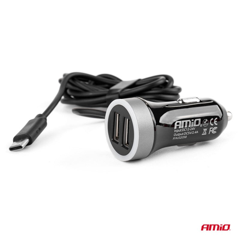 Incarcator Auto, 12/24V, cablu USB tip C + 2 x USB 2.4A