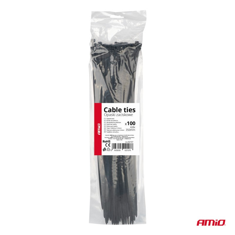 Fasete de fixare cabluri negre 4,8x350mm - 100 buc AMIO-02157