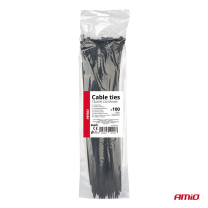 Fasete de fixare cabluri negre 4,8x350mm - 100 buc AMIO-02157