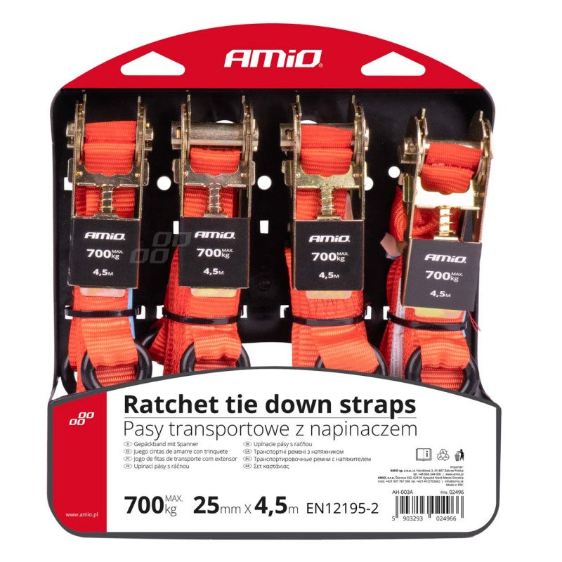 Chinga de transport cu tensionator - set complet 700 kg 25 mm 4,5 m 4 buc BELT-03 AMIO-02496