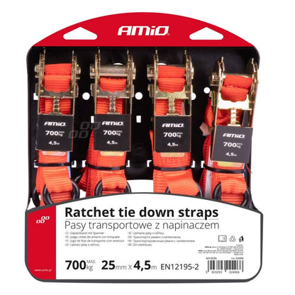 Chinga de transport cu tensionator - set complet 700 kg 25 mm 4,5 m 4 buc BELT-03 AMIO-02496
