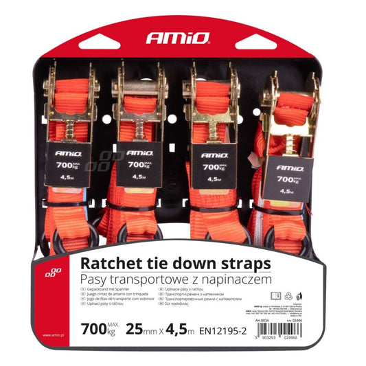 Chinga de transport cu tensionator - set complet 700 kg 25 mm 4,5 m 4 buc BELT-03 AMIO-02496