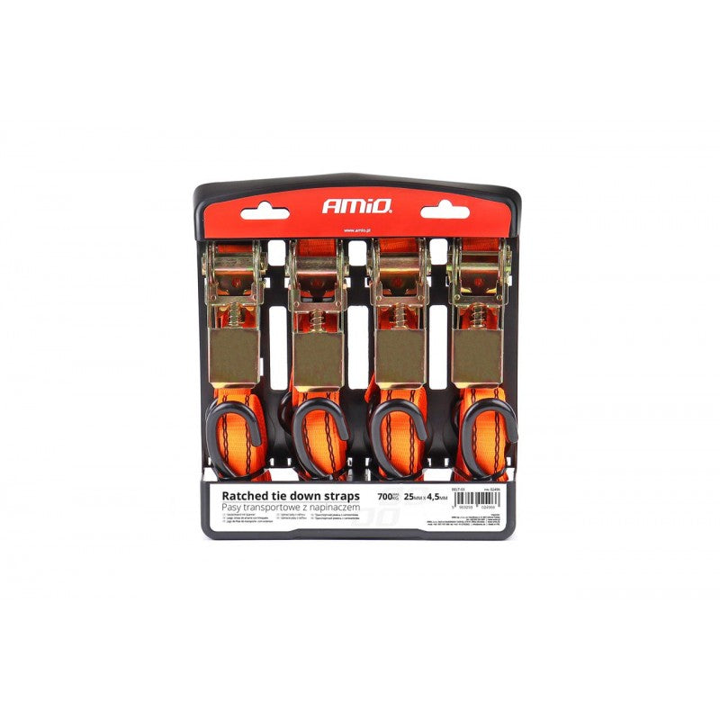 Chinga de transport cu tensionator - set complet 700 kg 25 mm 4,5 m 4 buc BELT-03 AMIO-02496