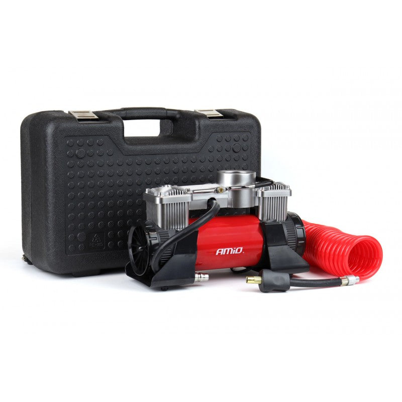 Compresor auto, metalic, 2 cilindri, 12V, HQ, geanta + Kit reparatie anvelope