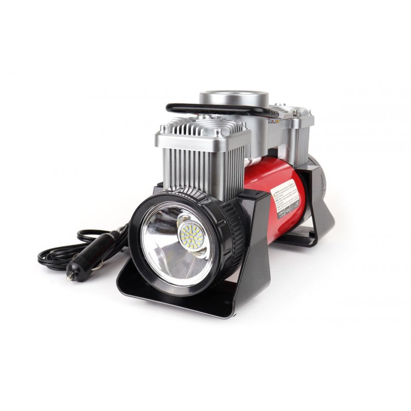 Compresor auto, metalic, 2 cilindri, 12V, HQ, geanta + Kit reparatie anvelope