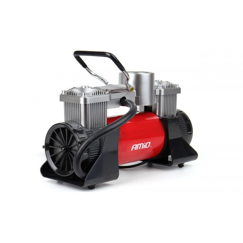 Compresor auto, metalic, 2 cilindri, 12V, HQ, geanta + Kit reparatie anvelope