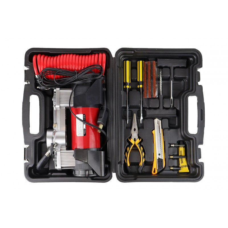 Compresor auto, metalic, 2 cilindri, 12V, HQ, geanta + Kit reparatie anvelope