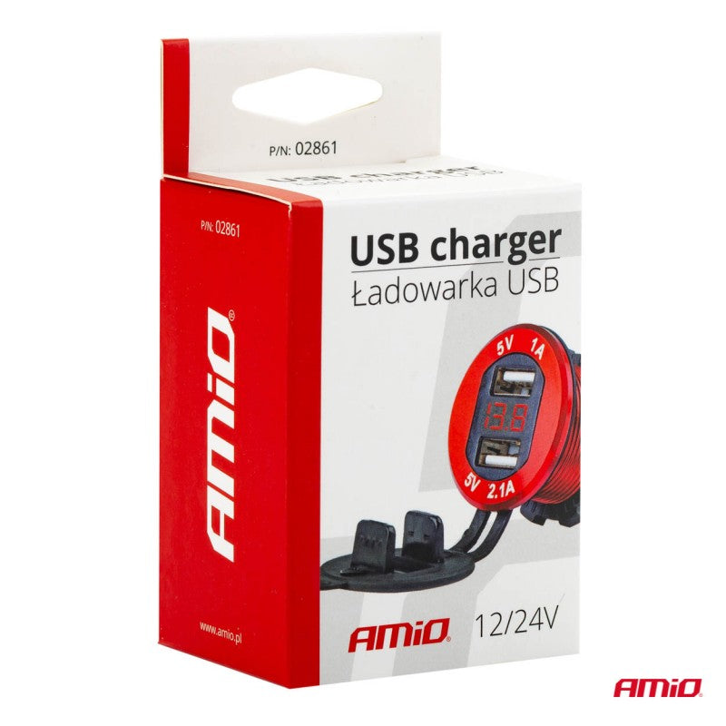 Priză de alimentare, rezistenta la apa cu tester de tensiune 2xUSB 12/24V