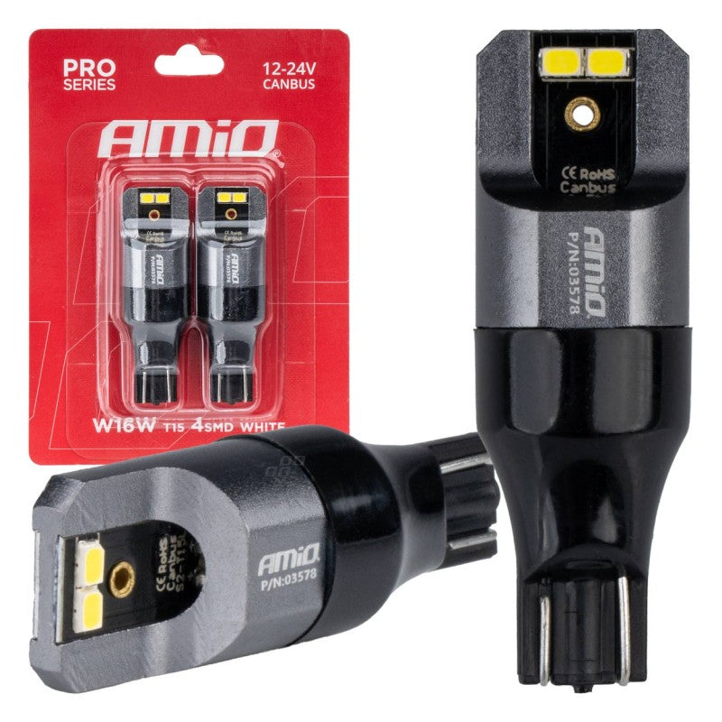 Becuri LED CANBUS PRO T15 W16W 4x2016 SMD alb 12V 24V AMIO-03578