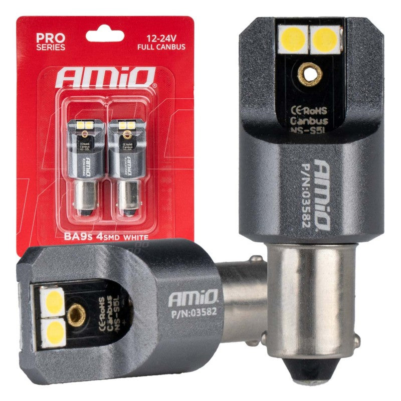 Set becuri FULL CANBUS PRO T4W BA9S 4x3030 SMD Alb 12V 24V AMIO-03582