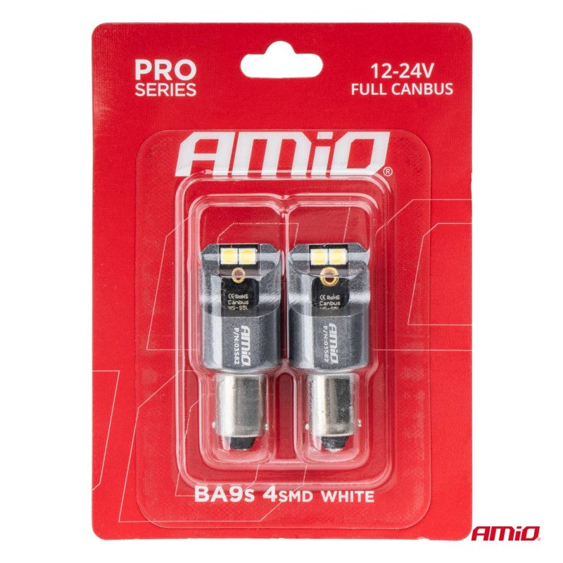 Set becuri FULL CANBUS PRO T4W BA9S 4x3030 SMD Alb 12V 24V AMIO-03582