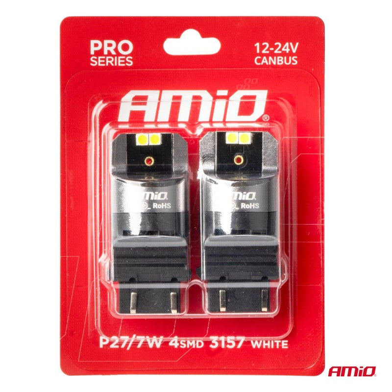Becuri LED CANBUS seria PRO 3157 P27/7W 4x3030 SMD Alb 12/24V AMIO-03588