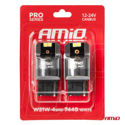 Becuri seria CANBUS PRO 7440 W21W 4x3030 SMD Alb 12V 24V AMIO-03589