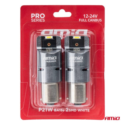 Becuri LED FULL CANBUS PRO BA15S P21W 2x1860SMD alb 12V 24V AMIO-03603