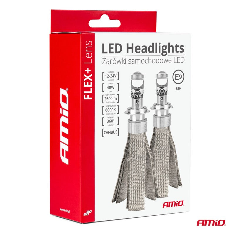 Becuri auto LED seria FLEX+ cu lentilă H4 12V 24V 6000K Canbus AMIO-03658