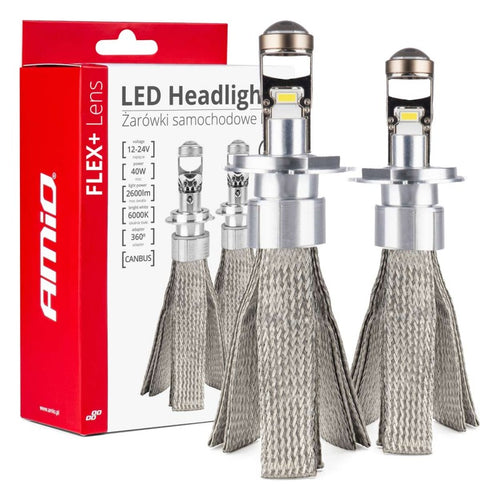 Becuri auto LED seria FLEX+ cu lentilă H4 12V 24V 6000K Canbus AMIO-03658
