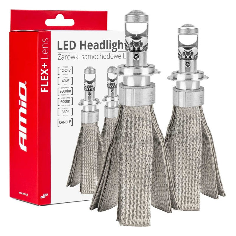Becuri auto LED seria FLEX+ cu lentilă H7 12V 24V 6000K Canbus AMIO-03660