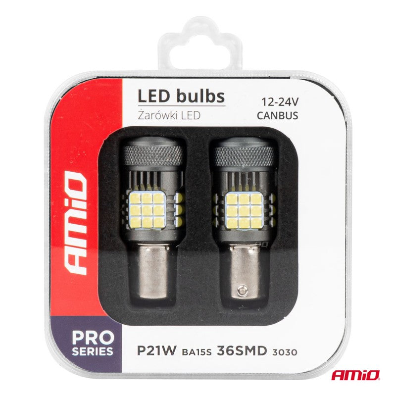 Becuri LED CANBUS seria PRO 1156 BA15S P21W R10W R5W 36x3030 SMD FAN Alb 12V 24V AMIO-03722