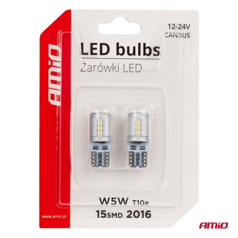 Set Becuri CANBUS T10e W5W 15x2016 SMD Alb 12V/24V AMIO-03723